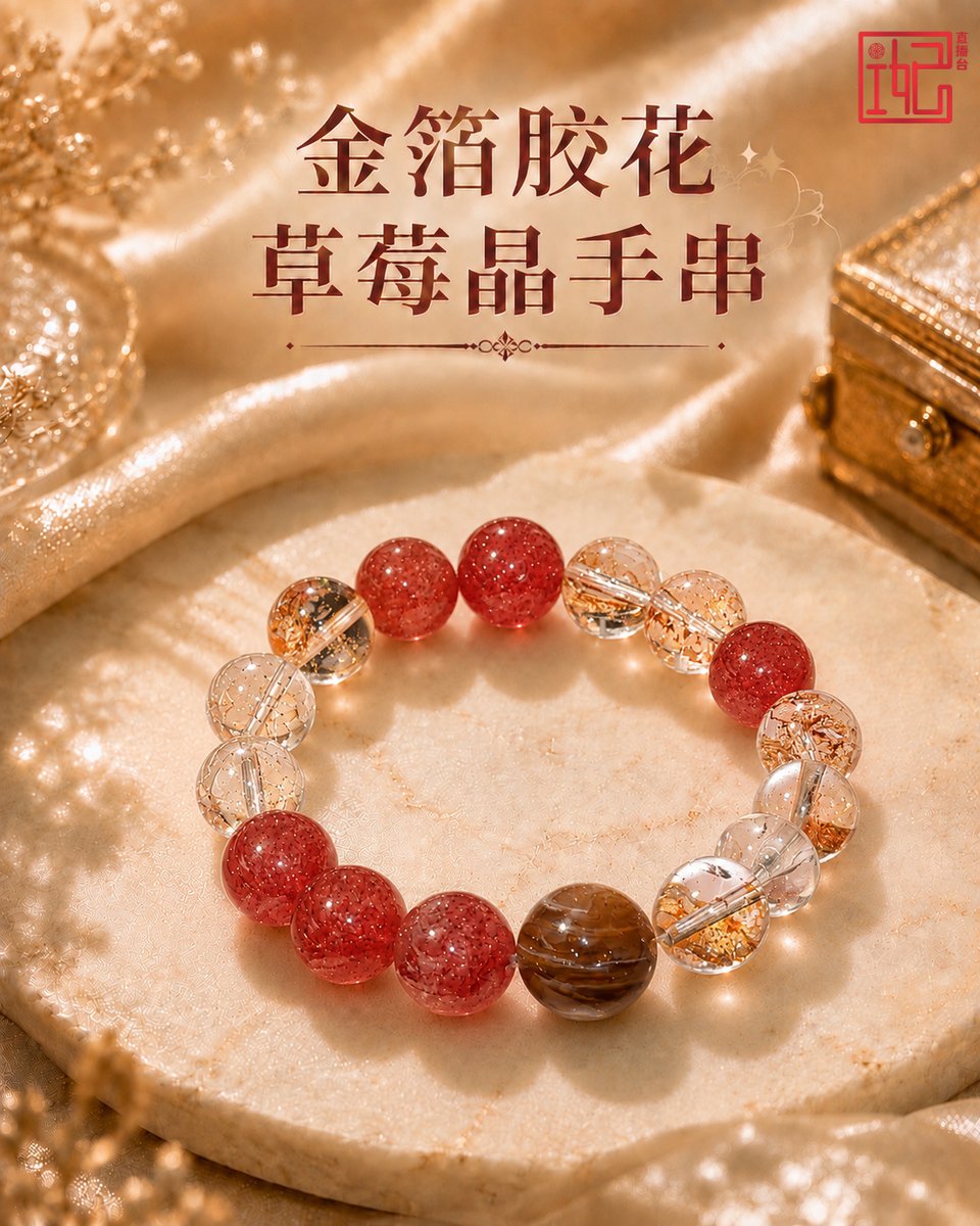 B737 天然水晶金箔胶花草莓晶手串 8MM